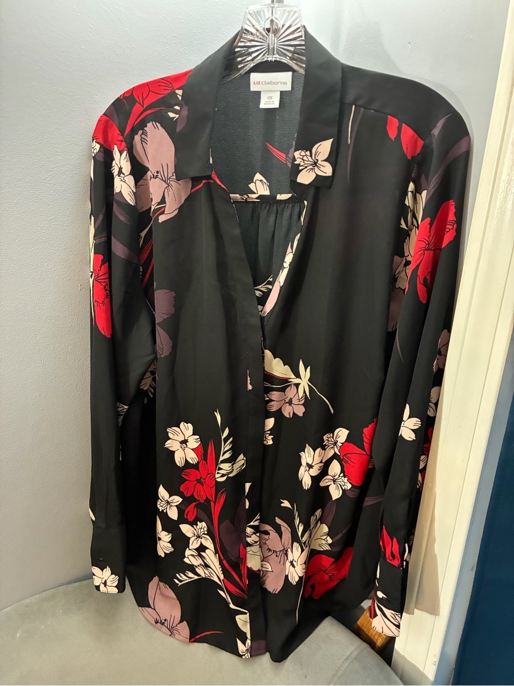 Liz Claiborne Black Button-Down Shirt with Red & Pink Floral Print